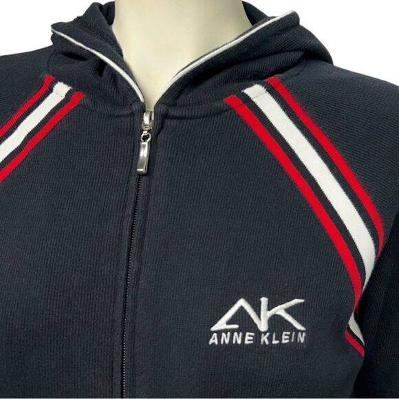 Anne Klein Black Zip Up Hoodie with Red and White Trim Sweatshirt with Hood - Picture 2 of 6